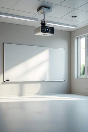 This image shows a modern classroom interior with a blank whiteboard on the wall and a projector mounted on the ceiling. Natural light enters through a window, casting bright patterns of light and shadow across the clean floor and the whiteboard, creating a dynamic and inviting learning environment.の素材