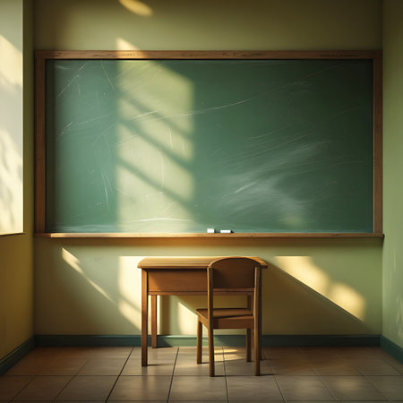 A solitary wooden desk and chair stand before a green chalkboard in an empty classroom. Bright sunlight enters from a window on the left, creating strong diagonal light patterns and shadows on the walls and floor. The chalkboard shows faint chalk scribbles, and a small eraser and chalk pieces are visible.の素材
