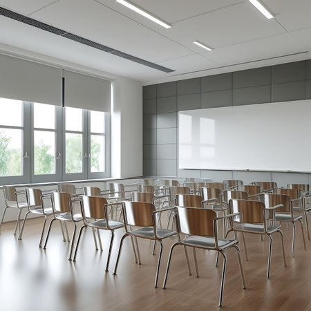 This image shows an empty classroom filled with rows of chairs. Large windows allow natural light to enter, reflecting off the polished wooden floor. A whiteboard is visible on the wall, and the room appears clean and well-lit, suitable for educational or business purposes.の素材