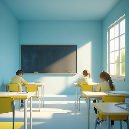 Three young children, seen from behind, are seated at yellow desks in a bright, modern classroom. Sunlight streams through a large window, casting long shadows across the floor and illuminating a blackboard on the pale blue wall. The children are focused on their work, suggesting a quiet and studious atmosphere.の素材