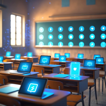 A classroom filled with rows of empty desks. Laptops and tablets on the desks display glowing blue screens with digital icons. More icons are projected onto the blackboard, creating a visual representation of digital learning and technology integration in an academic environment.の素材