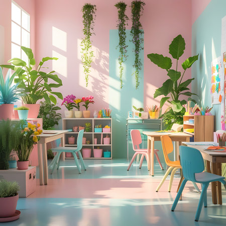 A vibrant and inviting classroom is decorated with pastel pink and blue walls and features numerous potted plants, including hanging vines. Wooden desks and colorful chairs are arranged for learning. Sunlight streams through large windows, creating a warm and cheerful atmosphere. Art supplies are neatly organized on shelves.の素材