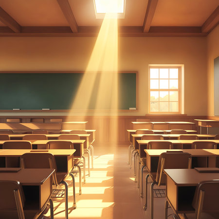 An empty classroom with a prominent beam of sunlight descending from a skylight, illuminating the rows of wooden desks and chairs. A green chalkboard is visible on the wall. The sunbeams create a dramatic and ethereal effect across the room, highlighting the wooden floor and ceiling.の素材