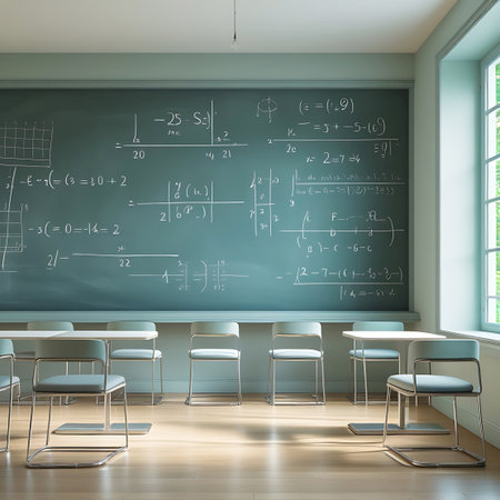 A contemporary classroom interior featuring a large green chalkboard filled with intricate mathematical equations and diagrams. Rows of modern desks and chairs with light blue seats and chrome frames are positioned on a wooden floor. Light streams in from a window on the right, creating a bright and academic atmosphere.の素材