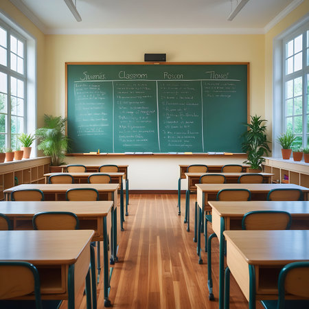 An empty classroom illuminated by bright sunlight streaming through large windows. The room contains numerous rows of wooden desks with attached chairs, all facing a prominent green blackboard. The wooden floor shows distinct patterns of light and shadow. Potted plants are visible on the window sills, and the windows offer a glimpse of an outdoor scene.の素材