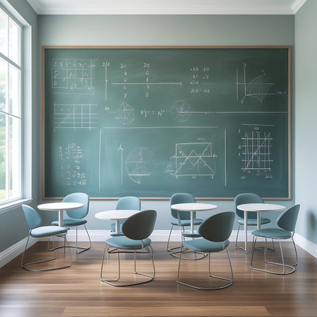 A bright and modern classroom interior featuring a large green chalkboard filled with mathematical equations, graphs, and diagrams. Several contemporary light blue chairs with metal frames surround small white circular tables. Natural light streams in from a large window on the left, illuminating the wooden floor and the clean, organized space.の素材