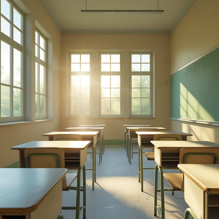 Sunlight filters through the windows of an empty classroom, casting soft light and gentle shadows onto the rows of wooden desks and chairs. The scene is bright and airy, with a clean and organized arrangement of furniture. The natural light creates a peaceful and serene atmosphere, conducive to learning and study.の素材