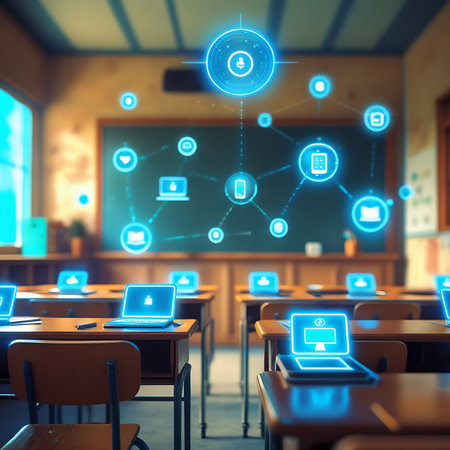 An empty classroom with rows of desks and chairs. A glowing blue digital network of interconnected icons, including laptops, smartphones, and communication symbols, is displayed prominently on the blackboard and in the air. Sunlight streams through the window, highlighting the technological theme.の素材