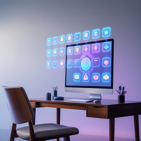A wooden desk with a computer is shown in a softly lit room. The computer screen displays a central holographic icon surrounded by a grid of smaller app icons floating in the air. The icons are glowing with blue and purple light. A chair is pulled up to the desk, and small potted plants and pens are on the surface.の素材