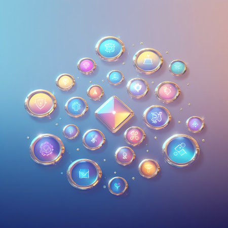 A scattered collection of 3D rendered circular icons with metallic gold borders. Each icon features a different symbol rendered in a glowing pastel gradient, including a shield, gears, a diamond, a heart, a lightbulb, and a person. The icons are arranged in a cluster against a soft gradient background transitioning from blue to pink.の素材