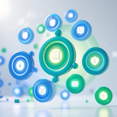 A dynamic cluster of 3D rendered circular and abstract icons with glowing neon outlines and internal light. The icons, in shades of blue and green, depict symbols like a document, a shield, a user, and a network hub. They are floating in a bright, softly lit environment with blurred background elements and bokeh effects.の素材
