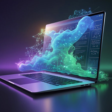 A close-up view of a laptop screen reveals a dynamic, fluid cloud-like formation in vibrant blue, green, and purple colors. The formation is filled with glowing particles and interconnected lines, suggesting data flow and network activity. Scientific charts and graphs are displayed on the right side of the screen. The background is dark and out of focus, emphasizing the luminous display.の素材