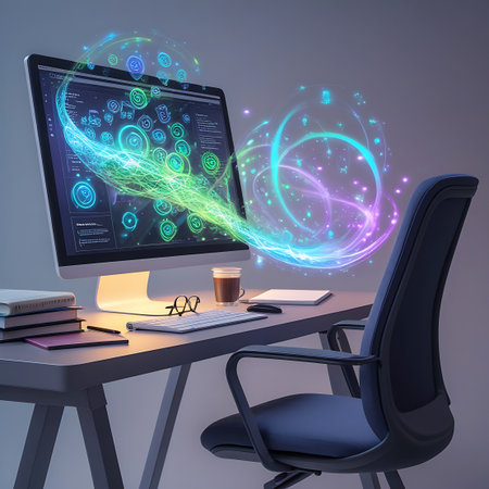 A modern computer setup is shown with a desktop monitor displaying abstract, glowing energy streams in green, blue, and purple. These luminous trails emanate from the screen, swirling around the workspace. On the desk are a keyboard, a pair of glasses, a coffee cup, and a stack of books. A comfortable office chair is positioned in front of the desk, completing the scene of a technologically advanced and dynamic work environment.の素材