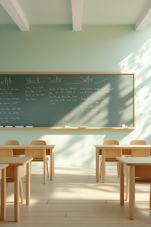 Education showing classroom with sunlight streaming through windows onto desks. High resolution image suitable for commercial use. Clear details and vibrant colors enhance visual appeal.の素材