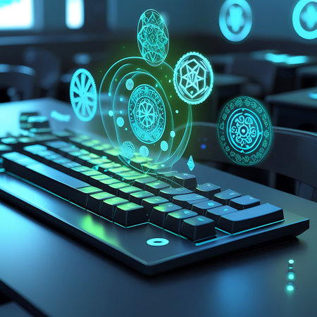 This image focuses on a computer keyboard with illuminated keys. Hovering above the keyboard are glowing cyan digital symbols and intricate, mandala-like patterns. The symbols and patterns are detailed and appear to be part of a digital interface or holographic projection. The background is softly blurred, suggesting a technological environment. The overall impression is one of advanced digital interaction and complex data representation.の素材