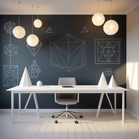 A modern white desk is set against a dark chalkboard wall covered in intricate white chalk drawings of geometric forms, including cubes, pyramids, and complex polyhedra. White spherical pendant lamps illuminate the space. A grey rolling office chair sits at the desk, and the room has a light wooden floor.の素材