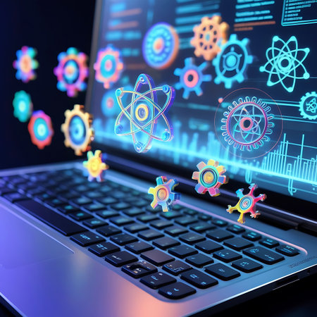 A close-up view of a laptop keyboard with a metallic finish. Emerging from the screen and hovering above the keys are numerous glowing, colorful icons representing atomic structures and gears. These icons are rendered in vibrant neon shades of pink, orange, yellow, and blue, creating a dynamic and futuristic visual that symbolizes technology, science, and innovation.の素材