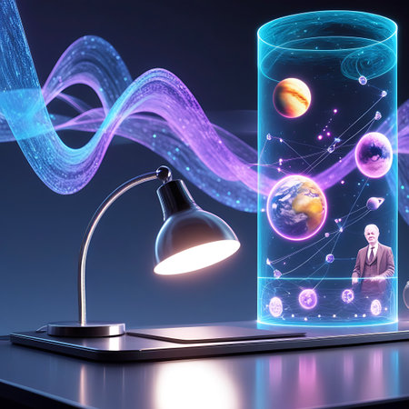 A desk with a computer is set against a dark background. The computer screen shows a cylindrical holographic display featuring planets and a figure in a suit. Abstract, glowing blue and purple light waves flow across the upper part of the image. A modern desk lamp with its light on is positioned on the desk.の素材