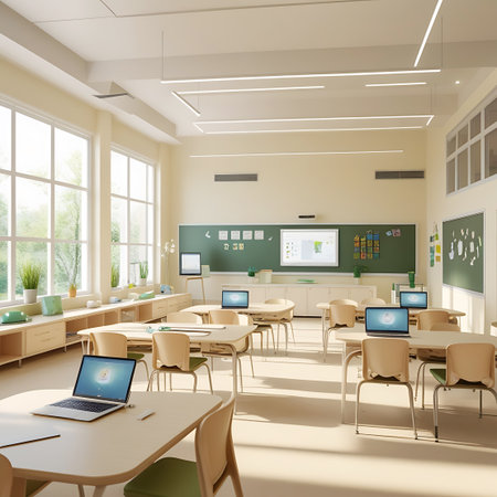 A contemporary school classroom filled with natural light streaming through large windows. Rows of light-colored desks are equipped with laptops, and an interactive whiteboard is mounted on a green wall. The space is designed for modern learning, with a clean aesthetic and ample room for students.の素材