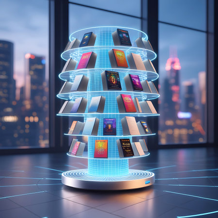 A cylindrical display unit, resembling a futuristic bookshelf, is filled with books. The unit is illuminated with a bright blue grid pattern and glows from within. It stands on a platform with radiating lines, set against a blurred city skyline visible through a window.の素材