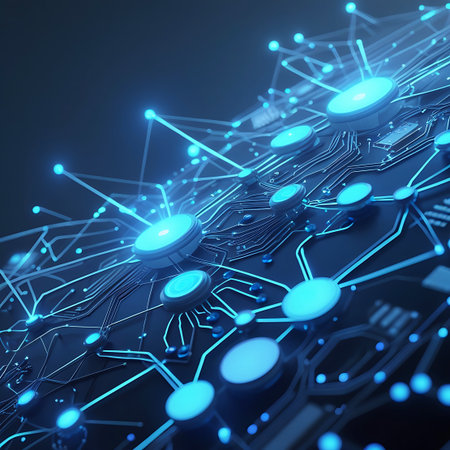 An extreme close-up view of a dark, intricate circuit board illuminated with vibrant blue glowing nodes and connecting lines. The detailed pathways and components suggest a complex electronic system or digital network. The abstract, futuristic aesthetic highlights the interconnectedness and flow of data within the technology.の素材