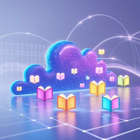 A large, luminous cloud shape in shades of blue and purple dominates the center of the image. Numerous small, open books in various bright colors (pink, yellow, orange, cyan) are scattered around and within the cloud. The scene is set against a soft blue background with a glowing grid and connecting lines, suggesting a digital or conceptual space.の素材