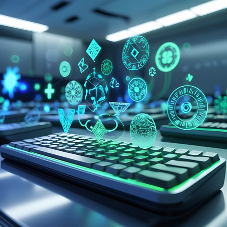 A close-up view of a computer keyboard with illuminated keys. Above the keyboard, a collection of glowing neon green digital icons and abstract geometric symbols float in the air, creating a futuristic and dynamic visual. The background appears to be a blurred office or server room environment. The image conveys concepts of digital interaction, data visualization, and advanced technology.の素材