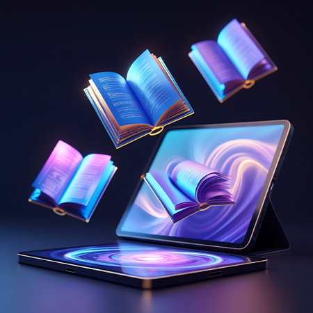 Several open digital books with blue and purple glowing pages are depicted floating in the air. One book is positioned above a tablet that is lying flat, displaying a swirling, colorful light pattern on its screen. Another tablet, standing upright, shows a similar glowing book emerging from its screen. The overall scene has a dark, moody background with vibrant, luminous accents, suggesting a futuristic and innovative approach to learning and information access.の素材