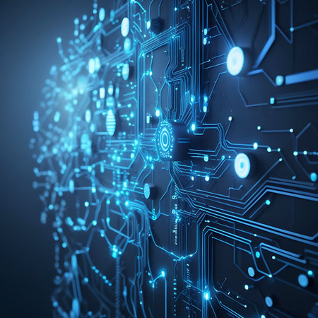 A detailed, abstract view of a digital circuit board rendered in glowing blue hues against a dark background. Intricate lines and pathways connect numerous luminous nodes, creating a sense of complex data flow and electronic activity. The image conveys a futuristic and technological theme with its detailed circuitry.の素材