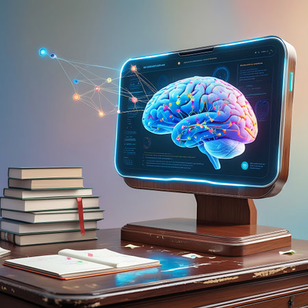 A detailed digital rendering of a human brain is displayed on a modern monitor, showcasing its neural network with glowing connections. The monitor rests on a wooden desk alongside stacks of books and scattered papers, implying a context of study and scientific exploration. Abstract light elements emanate from the screen, adding a futuristic feel.の素材