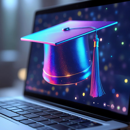 A close-up view of a laptop screen displaying a graduation cap with a multi-colored tassel. The cap is rendered with a metallic sheen and glows with vibrant blue and pink hues. The background of the screen is a dark, digital space filled with colorful bokeh lights and subtle sparkles, suggesting an online or virtual educational experience.の素材