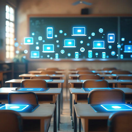 An empty classroom with rows of wooden desks and chairs. Glowing blue digital icons representing laptops, tablets, and smartphones float in the air above the desks and on the blackboard. Sunlight streams through a large window, illuminating the scene and creating a futuristic atmosphere for digital learning.の素材
