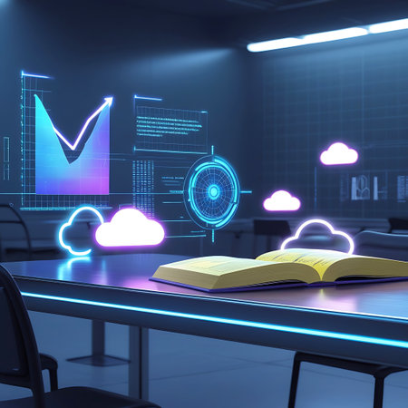 A close-up view of a futuristic conference table featuring a holographic display with a rising graph and data readouts. An open book lies on the table, bathed in the glow of the digital interface. Several stylized, glowing clouds are present, hinting at cloud technology or data. The scene combines elements of education, business, and cutting-edge technology.の素材