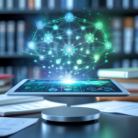 A glowing, intricate digital network hologram emanates from a tablet screen, projecting a web of interconnected nodes and lines in vibrant blue and green hues. The tablet displays complex data visualizations and charts. The scene is set in a dimly lit library with bookshelves blurred in the background, suggesting a fusion of knowledge and advanced technology. Sunlight or artificial light beams illuminate dust particles in the air.の素材