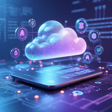 A conceptual image representing cloud computing. A luminous, translucent cloud with a gradient of purple and blue hues floats above a sleek smartphone. The smartphone displays a grid of app icons. The entire scene is set against a backdrop of intricate, glowing blue and purple electronic circuitry, with small circular nodes connected by lines, symbolizing data flow and network connections.の素材