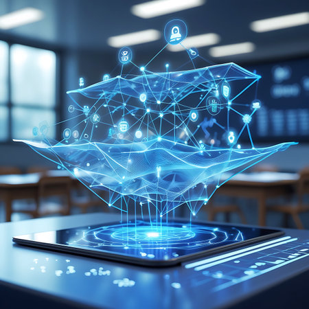 A luminous blue holographic network structure floats above a tablet device placed on a desk. The network is composed of interconnected nodes and lines, displaying various icons. The scene is set in a blurred classroom environment with wooden desks and chairs visible in the background. The tablet screen also shows a glowing digital interface.の素材