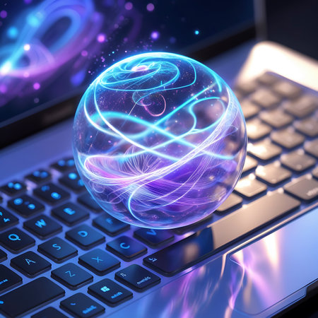 A translucent sphere filled with dynamic, glowing swirls of blue and purple light is placed on a laptop keyboard. The orb pulses with energy, casting a vibrant glow on the keys and the surrounding metallic surface. The background is a soft blur of light, emphasizing the central glowing object and its technological context.の素材