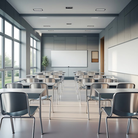 A bright, modern classroom is shown with rows of desks and chairs. Large windows on one side allow ample natural light, casting shadows across the floor. Two whiteboards are mounted on the wall, and a small potted plant adds a touch of greenery. The space is clean and organized, ideal for educational activities.の素材