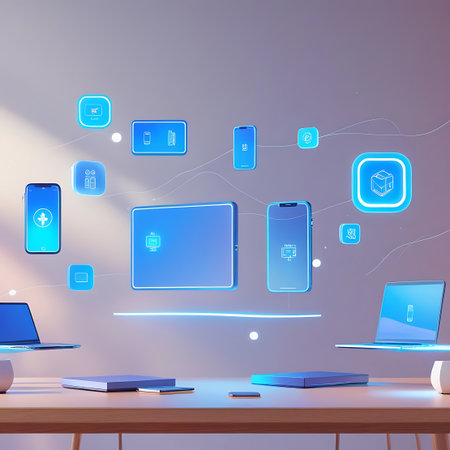 A collection of digital devices including laptops, tablets, and smartphones are arranged on a wooden table. Above the table, various blue, glowing icons representing apps and services float in a connected network. The background is a soft, neutral gradient, highlighting the digital elements.の素材
