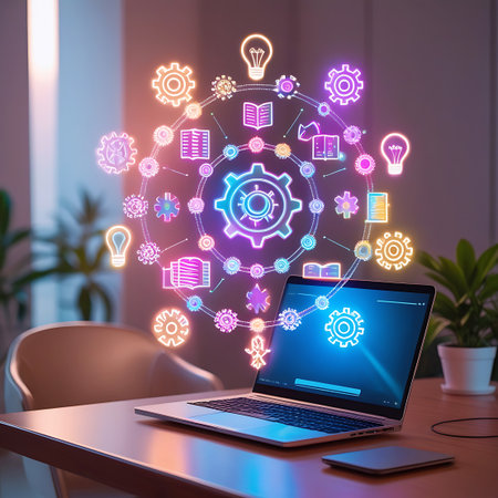 A laptop sits on a desk, displaying a glowing digital interface. Surrounding the laptop is a vibrant, neon-colored network of interconnected icons representing ideas and processes, including gears, lightbulbs, and books. The icons glow with pink and blue light, forming a circular diagram that emanates from the center of the screen.の素材