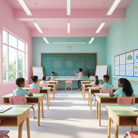 A vibrant and colorful classroom where a teacher leads a lesson for a diverse group of young students. The room features pastel pink and mint green walls, with rows of light-colored desks and chairs. Students are seated and appear engaged, with the teacher standing near the blackboard. Educational charts are displayed on the walls, creating a lively and interactive learning environment.の素材