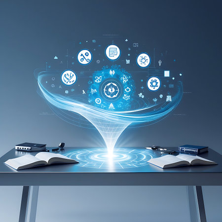 Two open books lie on a table, with a bright, glowing blue and white digital vortex of interconnected icons and symbols emerging from the center. The icons represent various concepts related to science, technology, education, and information. The overall image conveys a sense of knowledge dissemination and digital transformation.の素材