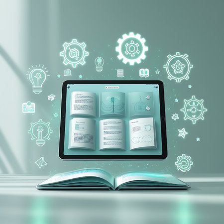 An open digital book lies on a reflective surface with a tablet displaying pages above it. Surrounding the tablet are glowing neon outlines of gears, lightbulbs, and other abstract shapes, suggesting ideas and innovation. The overall aesthetic is futuristic and conceptual, representing digital learning and technological advancement.の素材