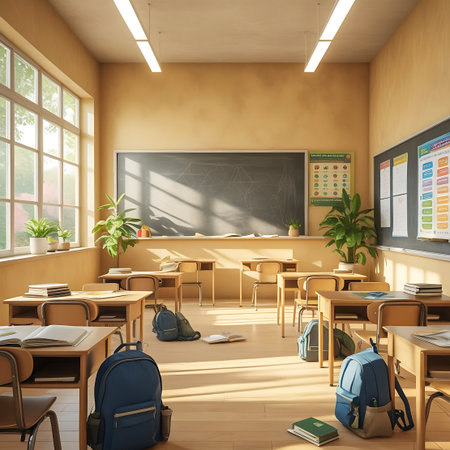 An empty classroom bathed in warm sunlight streaming through large windows. Wooden desks and chairs are neatly arranged, with books and backpacks scattered on the floor and tables, suggesting recent activity. A blackboard hangs on the wall, alongside educational posters. The scene conveys a sense of readiness for learning and a peaceful, bright atmosphere.の素材
