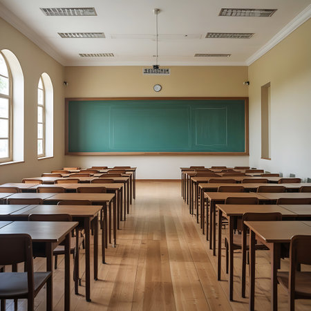 This image shows an empty classroom with rows of wooden desks and chairs. A large green chalkboard is mounted on the wall, and arched windows on the left allow natural light to enter. The wooden floor reflects the light, creating a warm atmosphere. The room is devoid of people.の素材