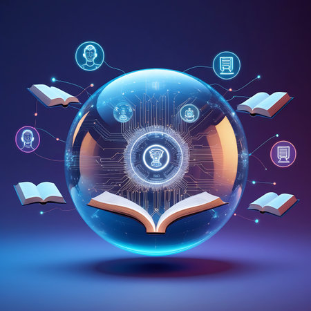 A central, transparent sphere displays complex digital circuitry and internal blue lights. Orbiting the sphere are several open books and icons depicting human profiles or avatars, all connected by thin, glowing orange lines. The background is a dark gradient of purple and blue, with a soft light emanating from the sphere and a subtle glow on the surface below.の素材