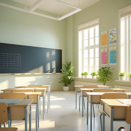 An empty classroom bathed in natural sunlight streaming through large windows. Rows of wooden desks with metal chairs are neatly arranged. A dark blackboard hangs on a pale green wall, with sunlight casting diagonal shadows across it. Potted plants add a touch of life to the bright, serene learning environment.の素材
