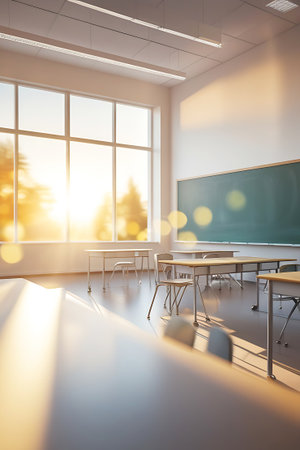 An empty classroom is illuminated by bright, warm sunlight streaming through a large bank of windows. Desks and chairs are neatly arranged, casting long shadows across the floor. A green chalkboard is visible on the wall. The overall atmosphere is bright, airy, and peaceful, with soft bokeh effects in the foreground.の素材