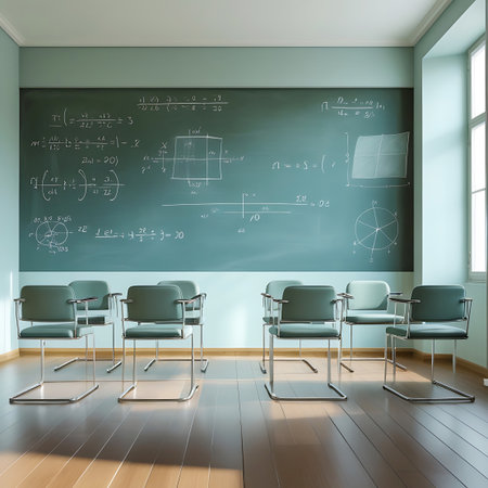 An empty classroom interior with a prominent green chalkboard displaying a variety of mathematical equations, formulas, and geometric diagrams. Several rows of modern chairs with light green seats and chrome frames are arranged on a wooden floor. Natural light enters from a window on the right side of the room.の素材