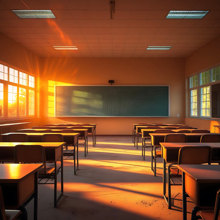 An empty classroom bathed in the warm, golden light of a sunset. Rows of wooden desks and chairs are arranged neatly, with long shadows stretching across the floor. Sunlight streams through the windows, illuminating dust motes in the air and casting dramatic patterns on the walls and blackboard.の素材